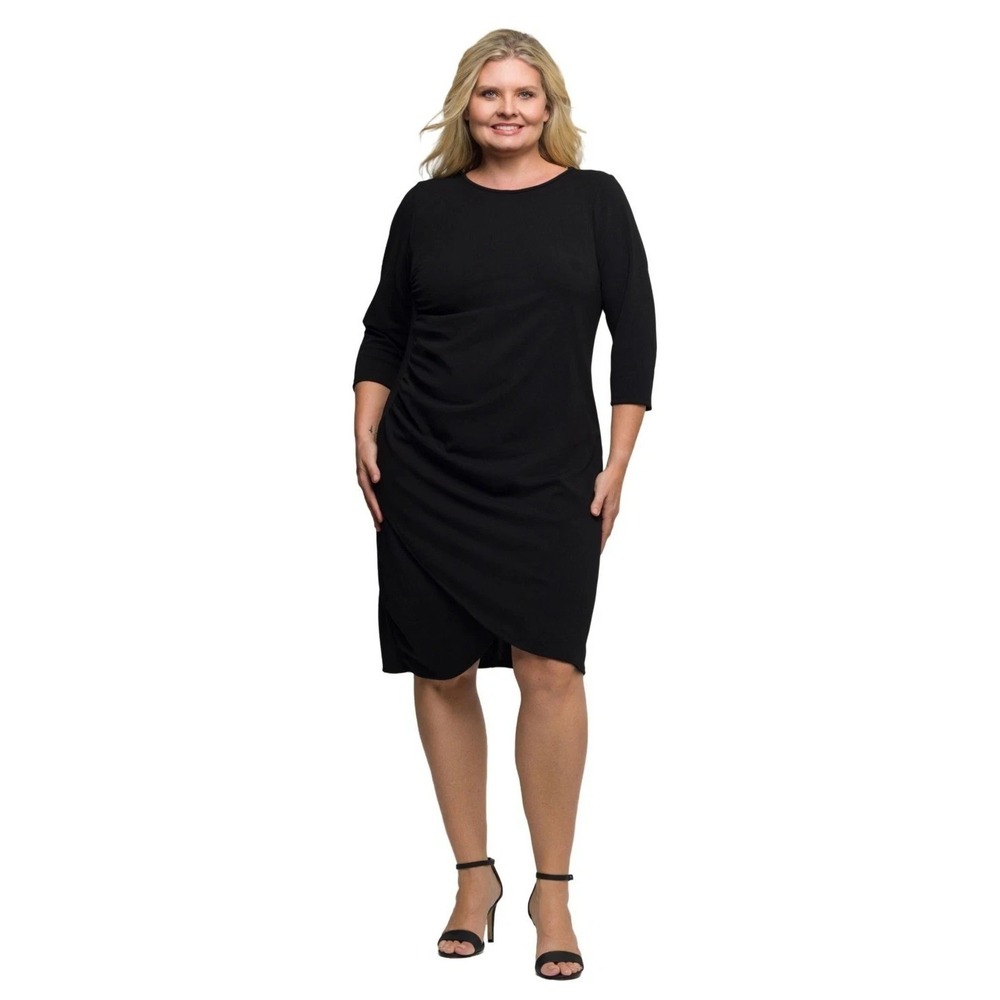24seven Comfort Plus Size XL Quarter Sleeve Ruched Tulip Hem‎ Dress Black